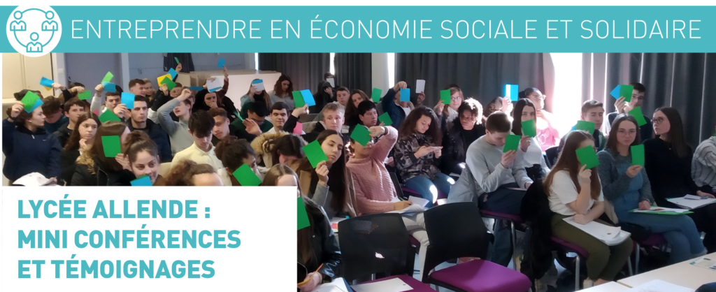 Lycée Salvador Allende – Hérouville Saint Clair
4 classes de 1ère STMG (Sciences et Technologies du Management et de la Gestion) et 1 groupe de 2nde STMG ont découvert l’Economie Sociale et Solidaire par l’intermédiaire de :
- mini-conférences accompagnées de témoignages : CAE Chantier de Demain et Artifaille
- visites d’entreprises ESS lors des journées Rallye ESS
Les élèves ont ainsi découvert une richesse d’activités et d’acteurs, et ont imaginé des actions pour ces entreprises afin de promouvoir leurs activités.